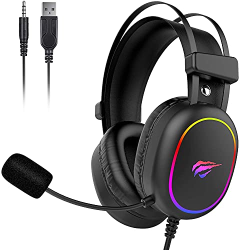 Auriculares Gaming PS4 HAVIT Iluminación RGB Cascos Gaming Sonido Envolvente, Controlador de 50MM y micrófono con reducción de Ruido para PS4/ Xbox One/PC/Gamer(2016d,Negro) Cover