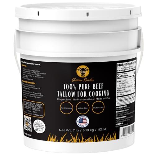 100% Pure Beef Tallow for Cooking & Deep Frying - 7lb Bulk Size - Food Grade Non-GMO | Nose to Tail | Made in USA | Gluten-Free | Great For Roasting, Baking, Cast Iron Seasoning, Candles, & Soap