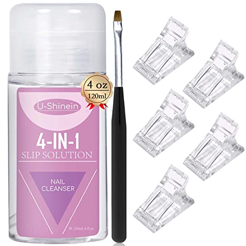U-Shinein 4oz Nail Slip Solution Kit, 4-in-1 Poly Nail Gel Slip Solution Nail Extension Gel Liquid Soak-off LED/UV Nail Polish Cleaner Liquid Kit DIY Nail Art Manicure with Brush and 5 Nail Clips