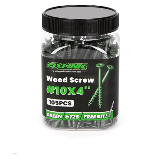 Image of Wood Screws 4 Inch, FIXLINK Deck Screws #10 x 4, 105 PCS, Epoxy Coated, T25 Star Bit Above 1500 Hour Salt Spray Coating Outdoor Decking Screws Excellent Rust Resistant for Wood Fence, Green