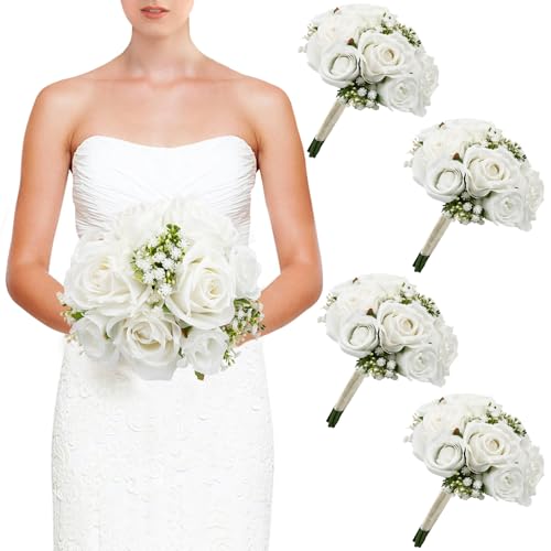 DIYDOFUN Wedding Bridesmaid Bouquets Set of 4, Artificial Silk Flowers