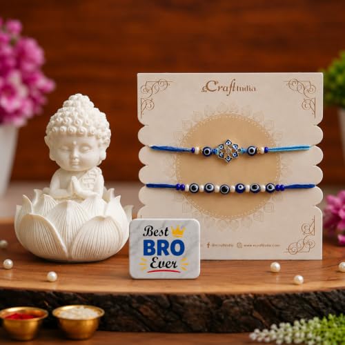 Image of eCraftIndia Set of 2 Evil Eye Rakhi for Brother with Buddha Showpiece & Best Bro Ever Fridge Magnet | Designer Blue Nazar Rakhi Combo | Raksha Bandhan Gift Set