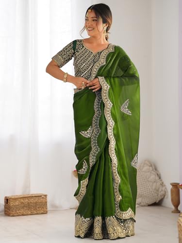 Image of Satrani Women's Tissue Silk Sequin Embroidery Scalloped Border Saree with Unstitched Blouse Piece