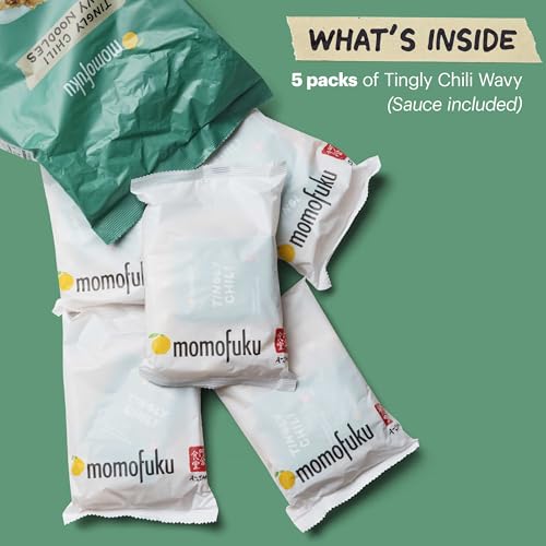 Momofuku Tingly Chili Ramen Noodles by David Chang, 5 Count (Pack of 1) Air-Dried Vegan Instant Noodles with Sauce