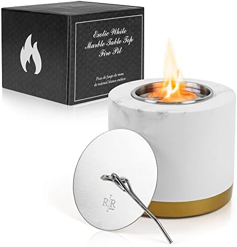 R&R LUXURY Portable Tabletop Mini Fire Pit, Table Top Fire Pit Bowl, Smores Maker, Indoor Outdoor Use, Family Picnics, Outings, Social Gatherings, Camping, Housewarming Gift - White Marble Finish