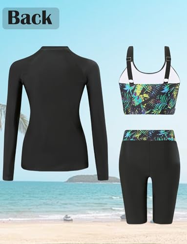 FEOYA Women’s 3 Piece Rash Guard Set Long Sleeve Zip Up Swim Shirt Padded Bikini Top High Waisted Swim Shorts2