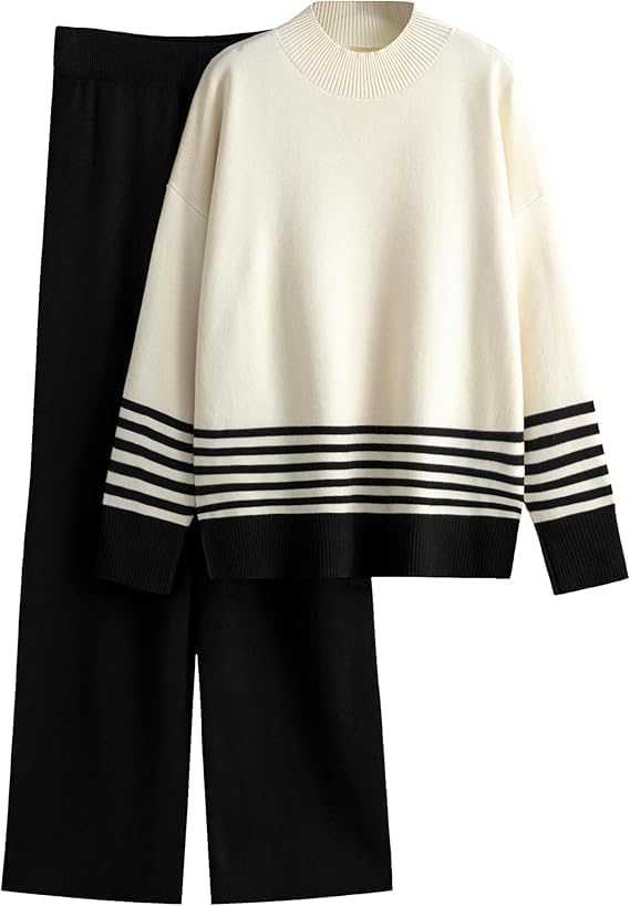 Image of Kvetoo Women Winter Coord Set Wool Blend Tracksuit High Neck Sweater and Wide Leg Pants Warm Knitwear Pyjama Set for Casual Office Travel Wear