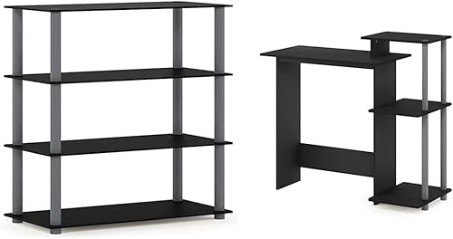 Furinno (99557BKGY Turn-N-Tube - Estante multiusos de 4 niveles, color negrogris y escritorio eficiente para computadora portátil con estantes