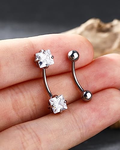 Jewseen 2pcs 16g Small Size Belly Button Rings Pack Surgical Steel Square AAA CZ Curved Barbell Navel Rings New2