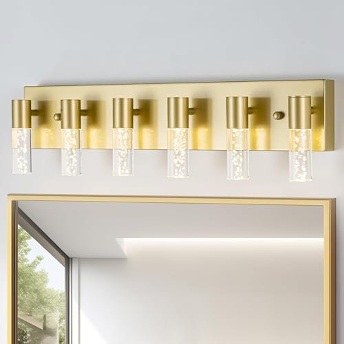 Image of Bathroom Vanity Light Fixtures Over Mirror, Brushed Golden Finish Coating, 6 Light Wall Sconces for Bathroom
