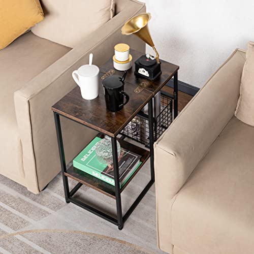 Buy Lavievert Industrial End Table, Flip Top Narrow Side Table with Storage Basket, Nightstand