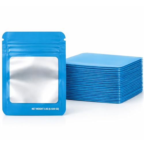 Mylar Bag Depot 3.5g Solid Mylar Bags with Square Window, Heat Sealable Moisture-Proof Storage Bags for Retail, Wholesale, and Small Business Packaging - 50 Pack (Light Blue)