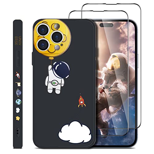 Jusy [3p Little Astronaut Compatible avec iPhone 14 Pro Max Coque + 2 Protège-écran en Verre Trempé Etui Silicone Etui Mince à Motif d'homme de l'espace Mignon pour iPhone 14 Pro Max (Noir)
