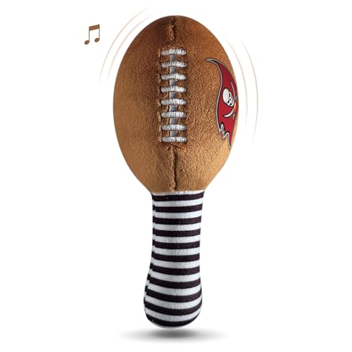 Image of Tampa Bay Buccaneers Plush Football Rattle by Smilo - Officially Licensed NFL Baby Rattle Toy - Soft Baby Rattle with Bell - for Babies and Toddlers from 3 Months