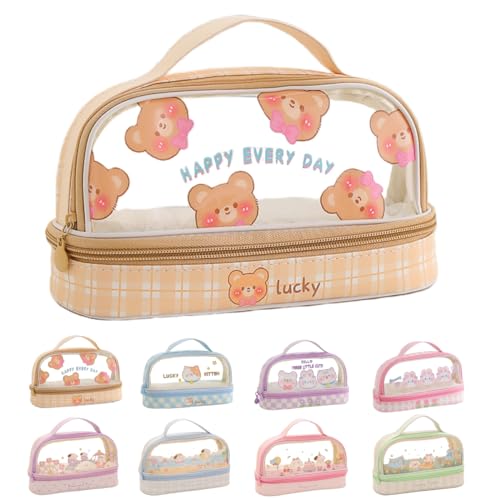 Image of Bunny Pencil Pouch w /Handle Rabbit Kitten Bear Puppy Pen Case Cosmetic Bag Clear Case Transparent Waterproof (Bear-Yellow)