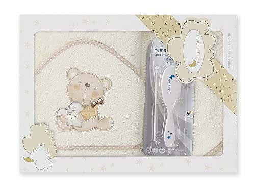 Interbaby - Capa de Baño Bebe Beige + Peines Bebe | Toalla con Capucha 100% Algodón, 100x100cm, Unisex | Suave, Secado Rápido | Ideal para Recién Nacidos, Bebes y Niños Pequeños | Diseño Love You