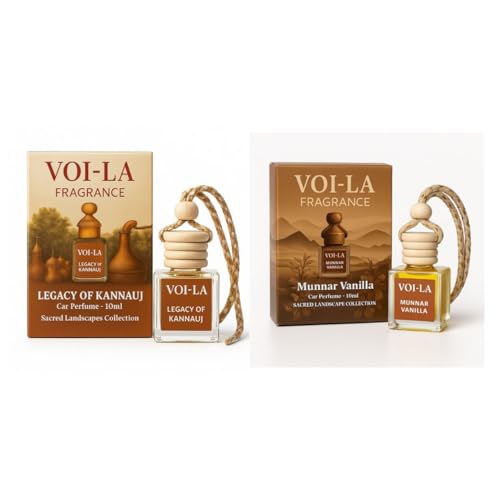 VOI-LA Car Perfume Combo Pack, Legacy of Kannauj and Munnar Vanilla, Floral Attar and Sweet Vanilla, 45-60 Days Long Lasting, Hanging Diffuser, 10ml Each, Premium Gift Set, 2 Count