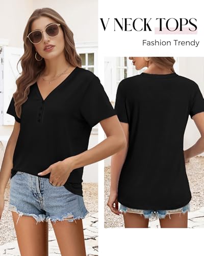 Womens Blouse Short Sleeve Button Down Shirts Business Casual Blouse Basic Tee V Neck Summer Outfit3