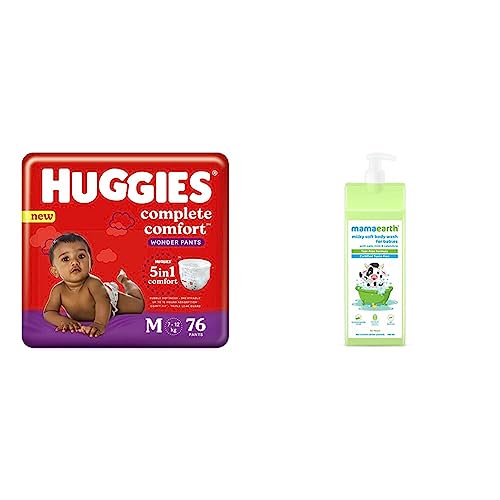 Image of Huggies Wonder Pants Medium Size Diapers, 76 Count & Mamaearth Milky Soft Body Wash for Babies with Oats, Milk and Calendula - 400 ml