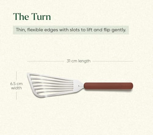 Image of Ember Cookware Stainless Steel Turner 31 cm | Oil Draining Design | Thin Slotted Steel Spatula for Precision Flipping | Flexible Head | Heat Resistant Silicone Handle | Terracotta