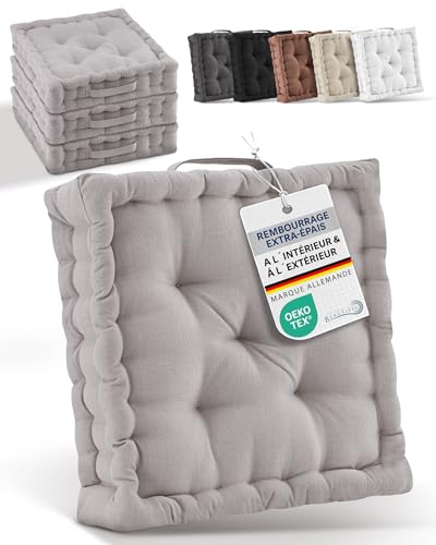 Beauitssu Set de 4 Coussins de Sol Coussin d'assise 50x50 cm - Coussin Matelas épais 10cm - 100% Coton Coussin de Chaise Intérieur & Extérieur Poignée de...