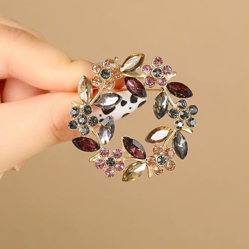 Image of Flower Wreath Brooches for Women Round Floral Rhinestone Lapel Pins Broach Blazer Dress Denim Jacket Clothes Badge Bridal Wedding Birthday Party Jewelry Gifts