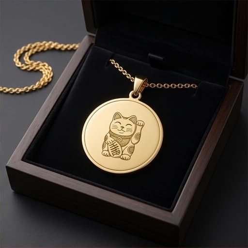 Collier Maneki Neko argent 925 plaqué or | Bijou mixte pendentif rond gravé main