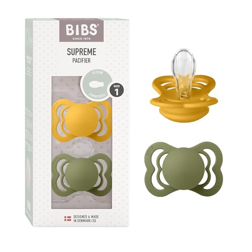 BIBS Supreme Schnuller 2er-Pack, BPA-frei, Symmetrischer Nippel. Silikon, Hergestellt in Dänemark. 0-6 Monate (2er Pack), Honey Bee/Olive