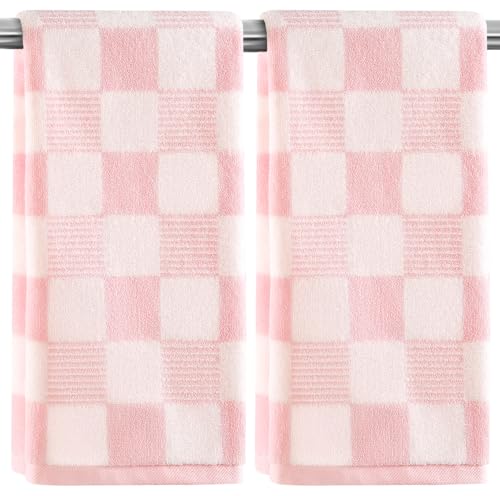 GreenPine Pink Hand Towels Checkered Cute for Bathroom Kitchen Bath