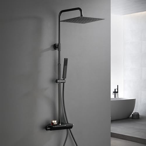 Görbach Regendusche Duschset mit Duscharmatur Komplettset-Edelstahl Duschsystem mit Thermostat Wassersparend Überkopfbrause Handbrause Duschstange Matt Schwarz (3030MB)