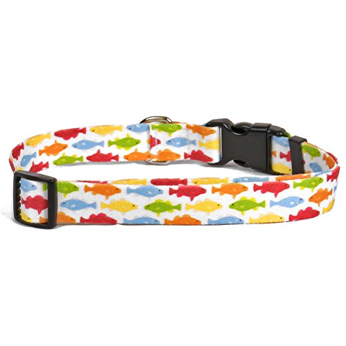 Image of Yellow Dog Design Rainbow Fish White Dog Collar, Large-1 inch Wide fits Neck Sizes 18 to 28 inch