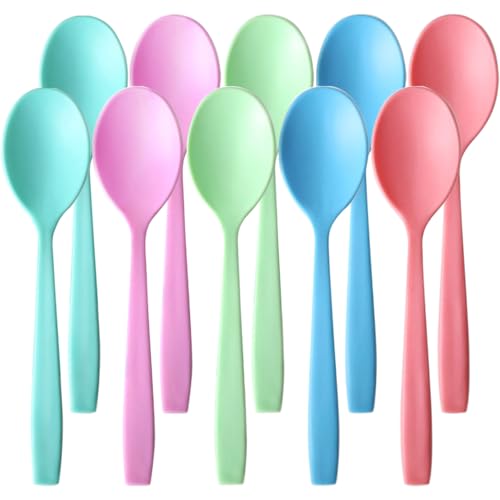 10 Piezas Cucharas,Cucharas de Postre Cucharas Soperas,Largo Cucharas,Cubiertos Plastico Duro Reutilizables,para Cumpleaños,Bodas,Barbacoas,Camping(Multicolor)