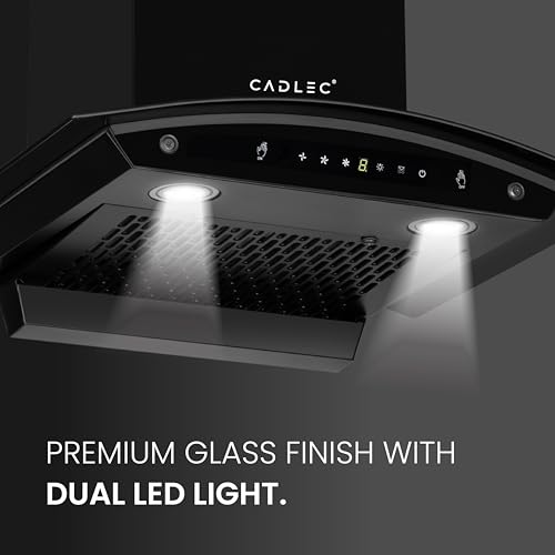 Image of Cadlec CurveFlow 60cm Filterless Curved Glass Kitchen Chimney | 1400 m /hr Powerful Suction | Auto Clean with Oil Collector | Feather Touch + Gesture Control Technology | 20-Year Warranty | Black
