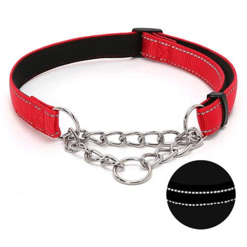 Martingale Dog Collar with Stainless Steel Chain, Adjustable Soft Padded Nylon Reflective Collar, No Pull Heavy Duty Chain Walking Training Colllars for Large, Medium, Small Dogs(Red, 16.5" - 27.6") -  Love Dream