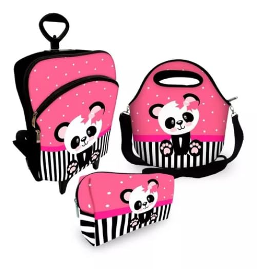 Kit Mochila Escolar com Carinho Rodinha + Bolsa Lancheira Térmica + Panda Lacinho