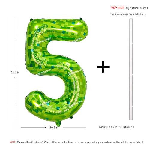 Image of 40 inch giant Green pixel miner game number 5 balloon | Large mining theme foil balloon 0-9 for pixel game parties children's birthdays party anniversary baby shower decoration