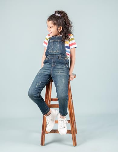 Image of Tweeny Mini Girls Pure Cotton Denim Dungaree for Kids | Relaxed Fit Full Length Overall Outfit with Pockets | Adjustable Straps