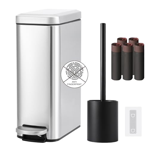 Bathroom Trash Can, 2.6 Gallon Garbage Can with Lid, Toilet Brush with Holder, Trash Bags, Silver...