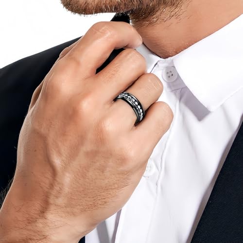 NUNCAD Personalized Mens Rings Sterling Silver Skull Inlay Black/Silver Tungsten Carbide Band 8mm Gothic Demon Skeleton Engraved Band Viking Jewelry Gift Comfort Fit Size 8-134