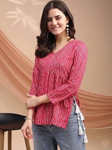 Image of MAHIRA'S Women's Short Kurti, Black Rayon Tunic Top with Embroidered Sleeves, 3 /4 Designer Sleeves
