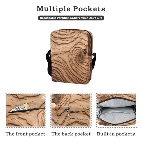 Crossbody Sling Bag for Women Men, Zipper Closure Messenger Bags Wood Texture Print with Card Phone Passport Compartment 6.6×9.4×2.5 IN2