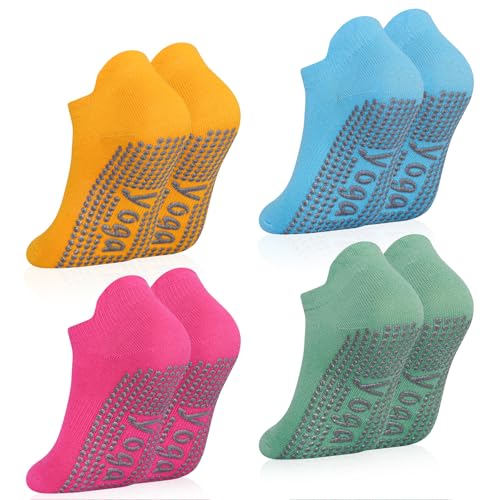 Image of SkiBeaut Grips Non Slip Socks for Women, 4 Pairs Yoga Pilates Anti Skid Woman Hospital Gripper Socks (5-12)