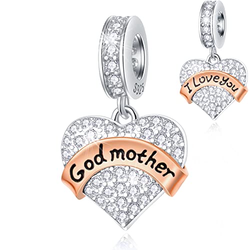 Ciondolo madrina per bracciale Pandora Mothers Day, argento sterling 925 Ti amo Dio mamma ciondolo, cuore trasparente CZ madrina perlina, regalo per Natale/giorno del ringraziamento/compleanno