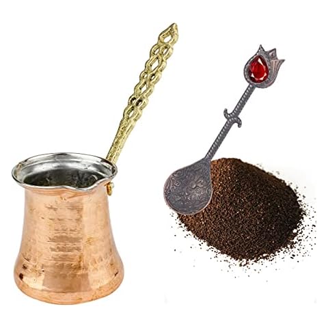 Turkish Coffee Pot: Copper Cezve Coffee Pot for Turkish Coffee | Ibrik Arabic Stovetop Coffee Pot with Handle | Handmade Ottoman Hammered Copper Pot & Vintage Spoon | 2 Servings Cover