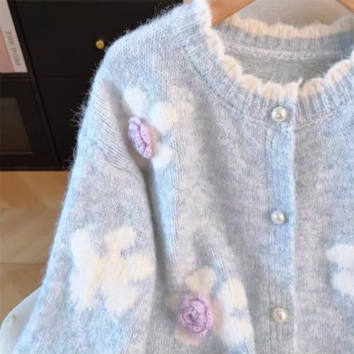 Image of FindThy Women's Kawaii 3D Floral Cardigan Long Sleeve Crewneck Knit Cardigan Sweaters