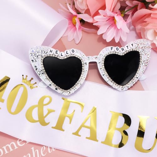 40th Birthday Decorations for Women，Hello Forty Birthday Sunglasses and Sash Set for Bday Dress Outfit Deocr Accessories Gifts2