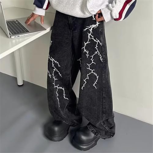 Men Y2K Streetwear Embroidery Lightning Baggy Jeans Pants Vintage Clothes Wide Leg Hip Hop Long Trousers4