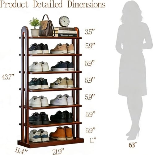 Image of 7 Tier Shoe Rack for Closet - Vertical Shoe Rack Free for Small Space - Standing Wood Shoe Shelf Storage Organizer for Entryway, New Walnut