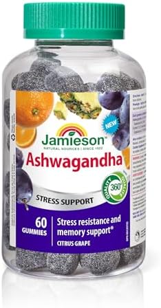 Jamieson Ashwagandha Gummies, 3,000 mg, Citrus Grape Flavour, Increases Resistance to Stress, Adaptogen, and Improves Memory. Non-GMO, Gluten-Free, No Artificial Colours, Flavours, or Preservatives, 60 Count