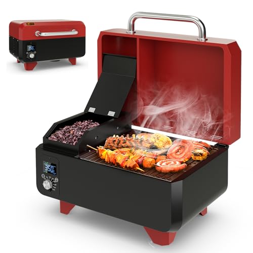 Giantex Pellet Grill and Smoker - Portable Tabletop Wood Pellet Smoker with Temperature Control, Removable Ash Pan & Grease Tray, Non-stick Cooking Grid, for Camping RV Outdoor Cooking (Red & Black)